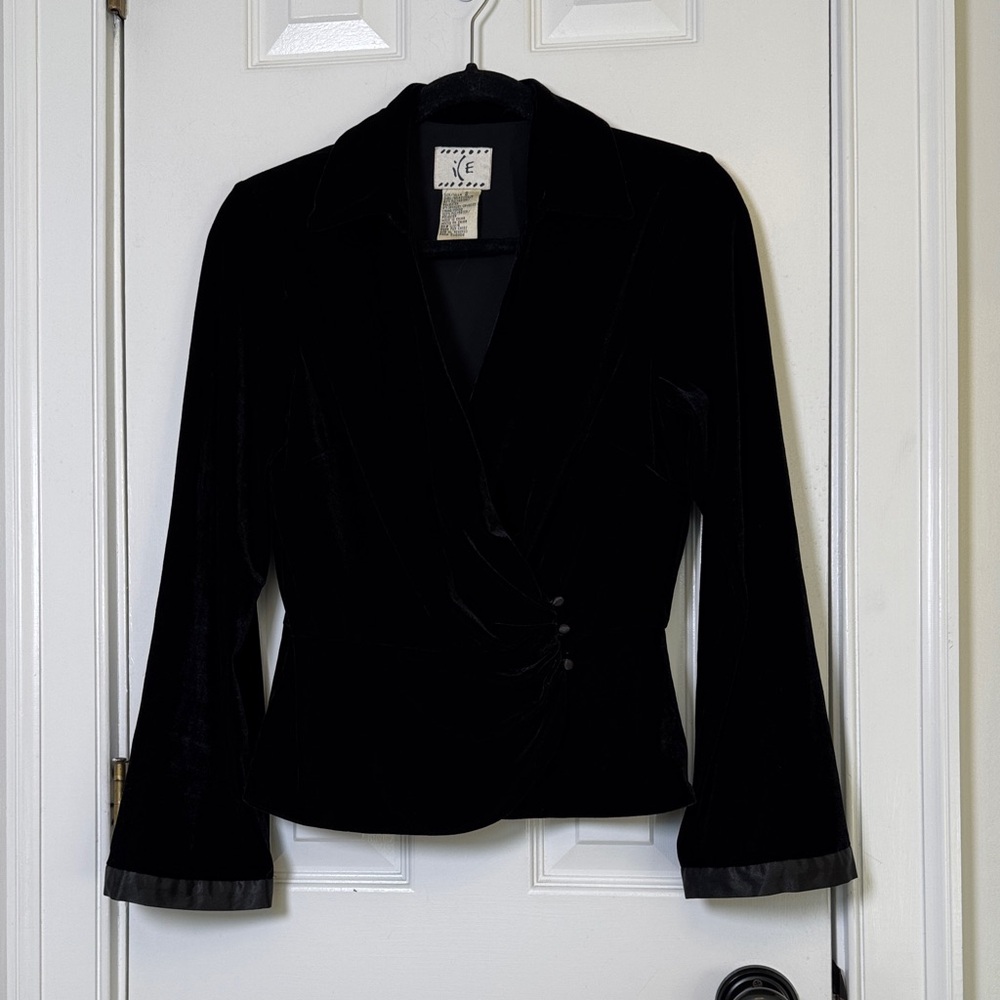Vintage Black Velvet Fitted Blazer Jacket Ruched Waist Evening Size S Y2K NYE!